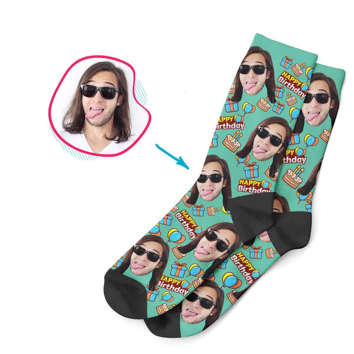 mint Birthday socks personalized with photo of face printed on them