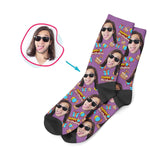 Load image into Gallery viewer, purple Birthday socks personalized with photo of face printed on them
