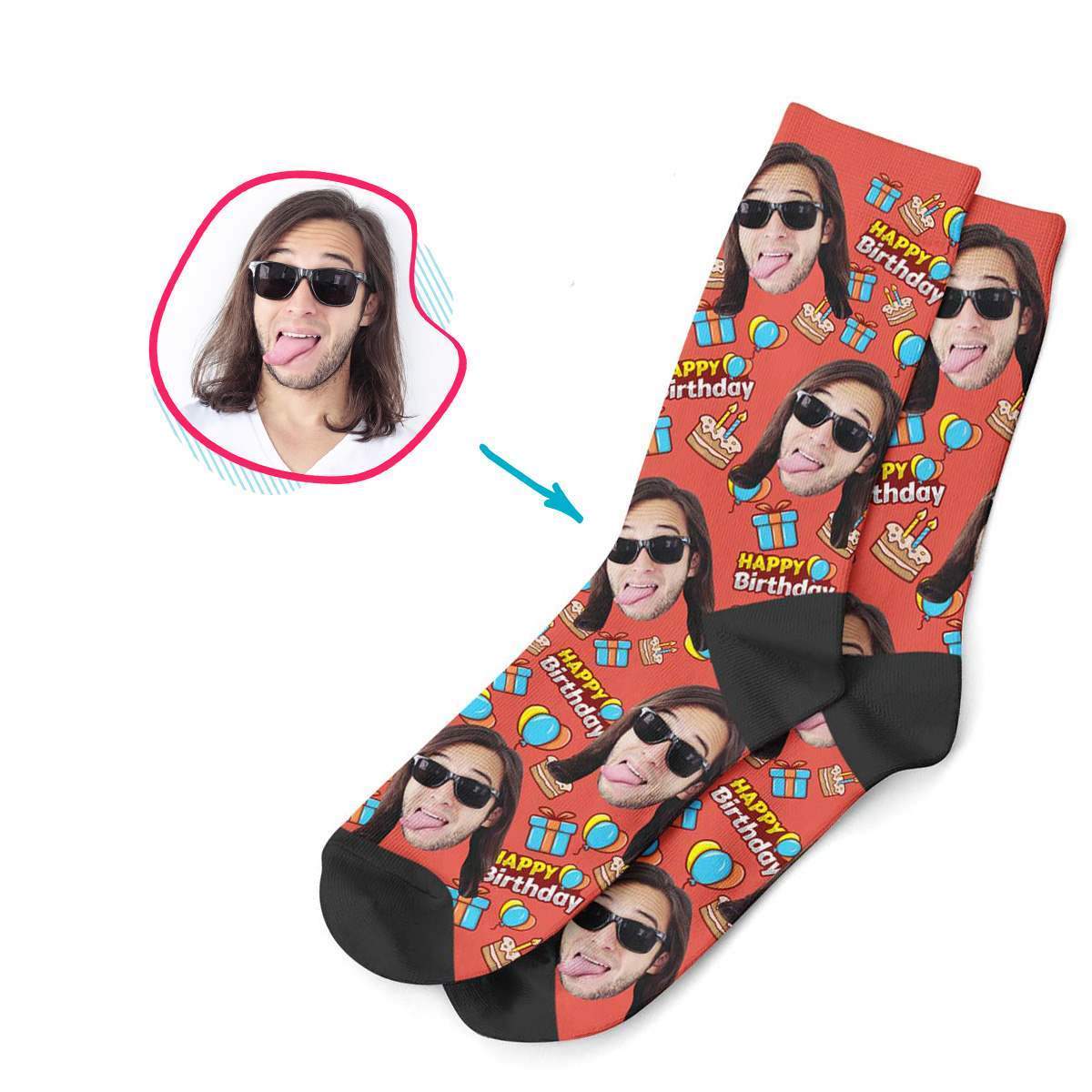 red Birthday socks personalized with photo of face printed on them