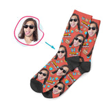 Load image into Gallery viewer, red Birthday socks personalized with photo of face printed on them
