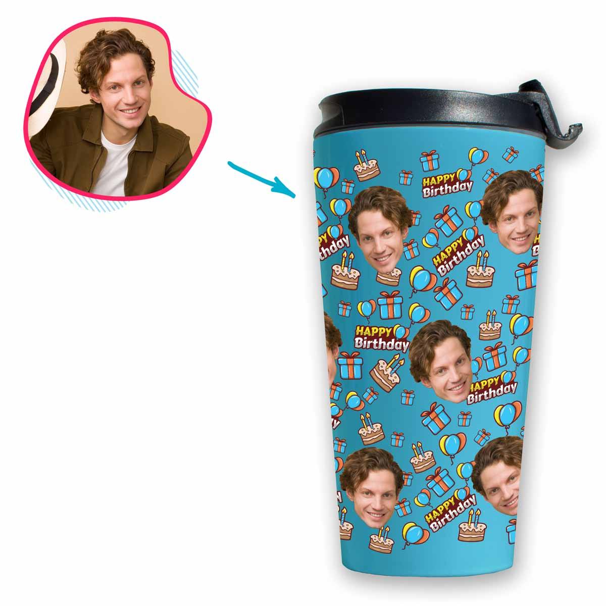 blue Birthday travel mug personalized with photo of face printed on it