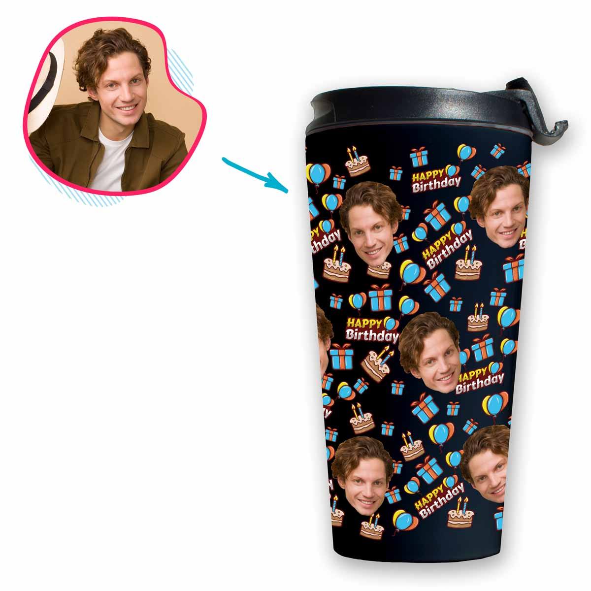 dark Birthday travel mug personalized with photo of face printed on it