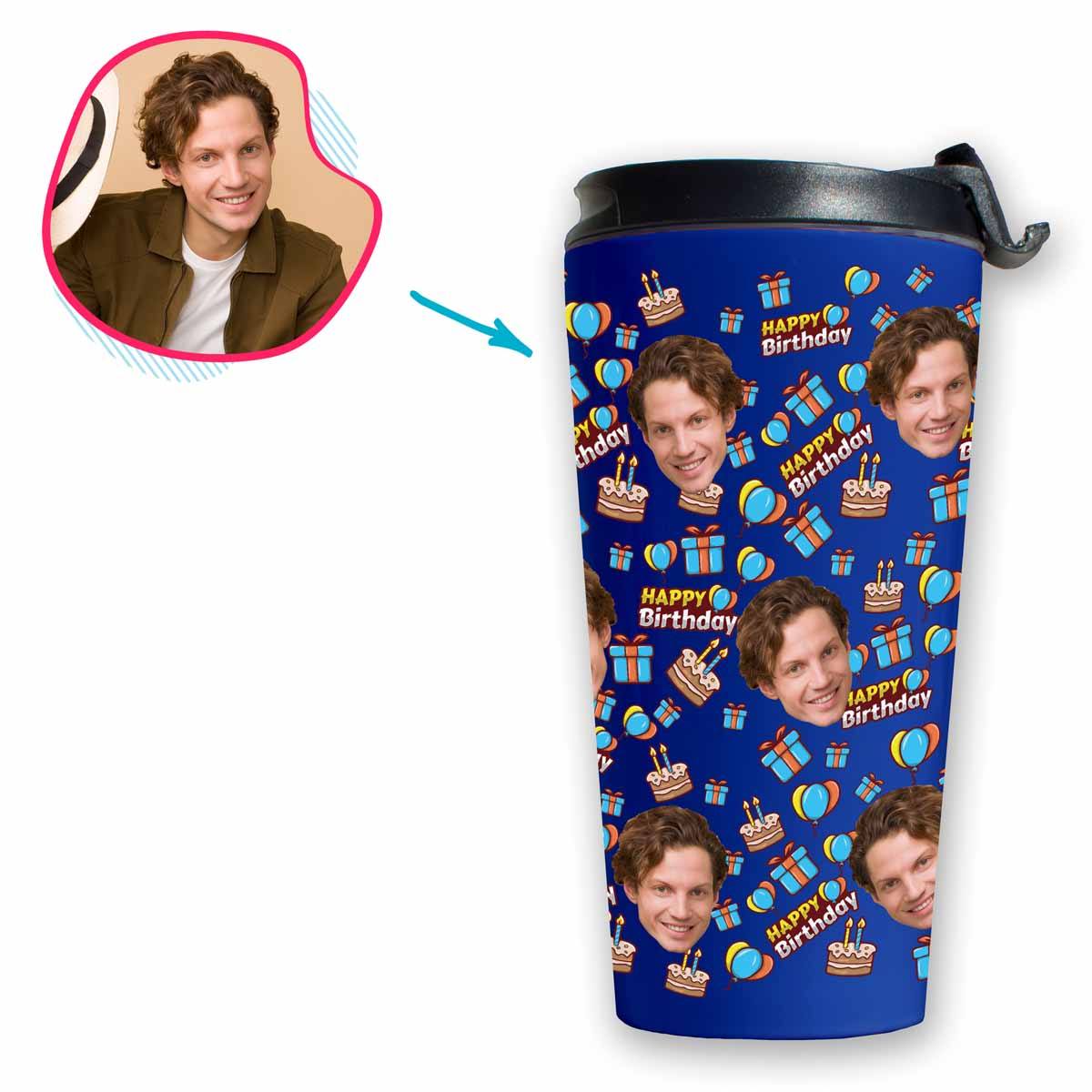 darkblue Birthday travel mug personalized with photo of face printed on it