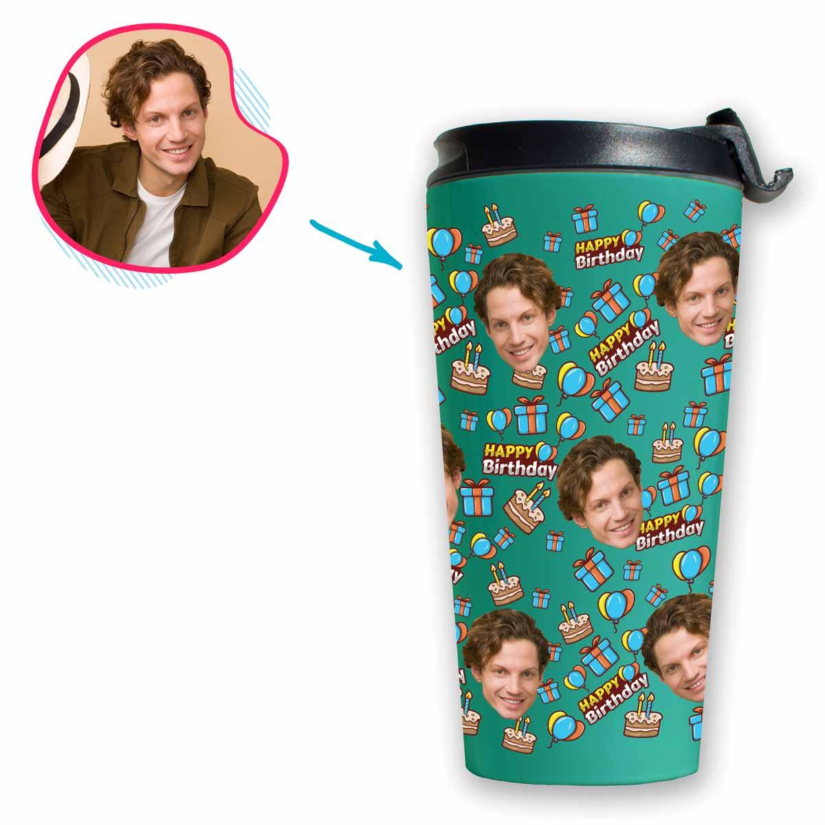 mint Birthday travel mug personalized with photo of face printed on it