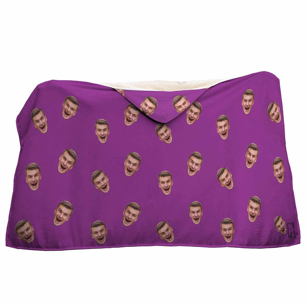 purple Blank design hooded blanket personalized with photo of face printed on it