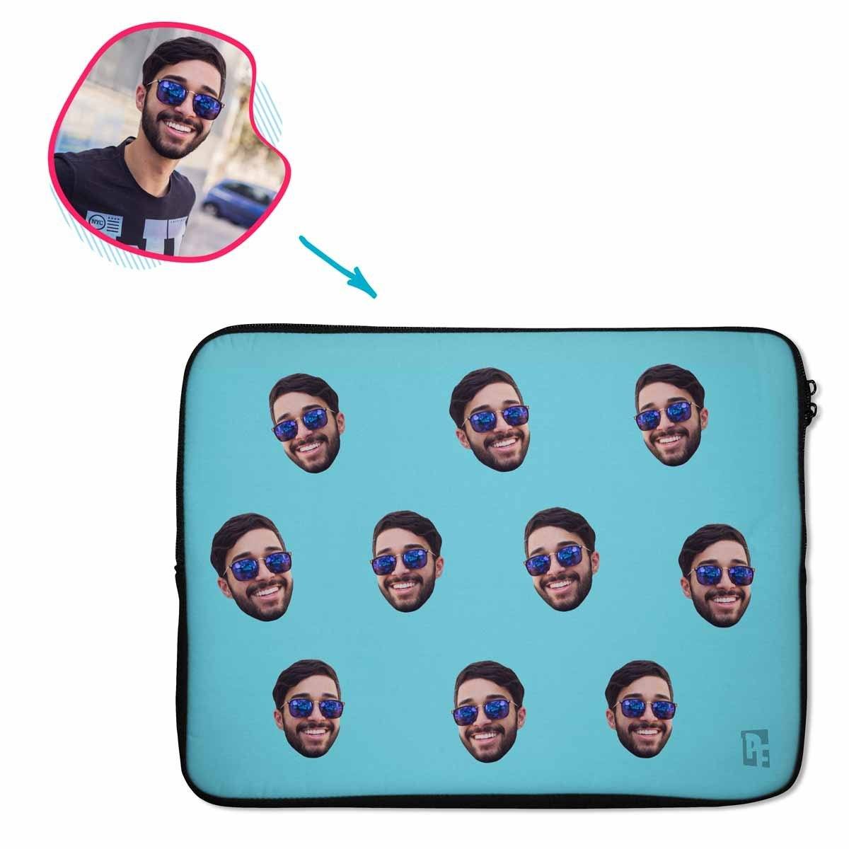 blue Blank design laptop sleeve personalized with photo of face printed on them