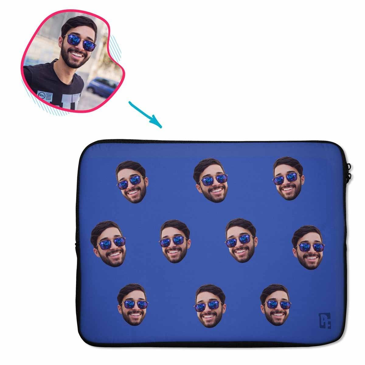 darkblue Blank design laptop sleeve personalized with photo of face printed on them