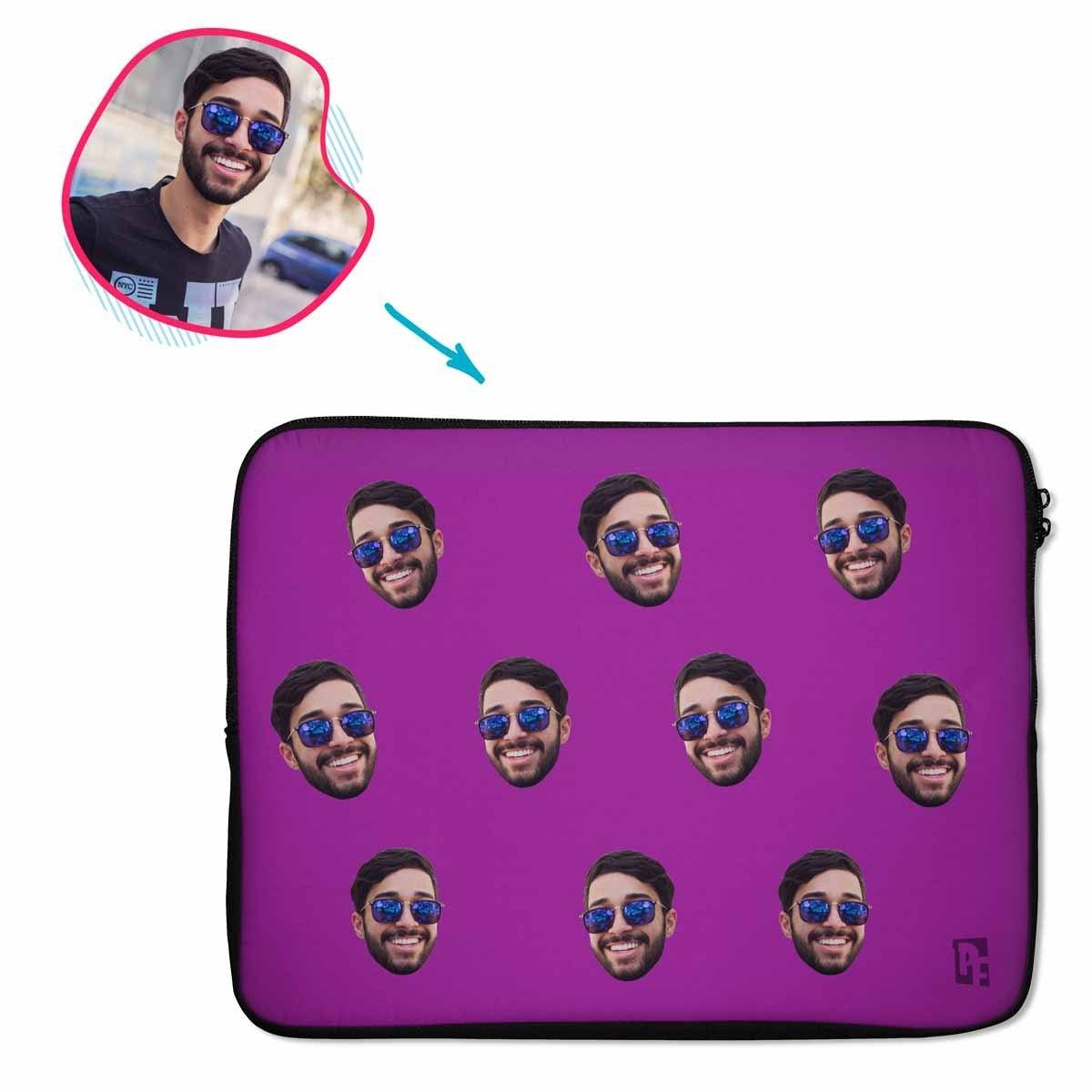 purple Blank design laptop sleeve personalized with photo of face printed on them