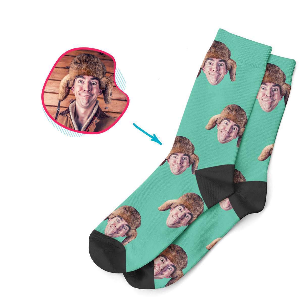 mint Blank design socks personalized with photo of face printed on them