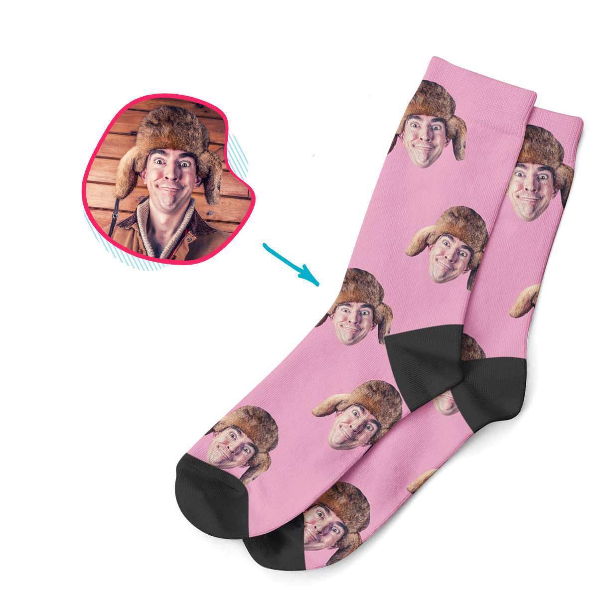 pink Blank design socks personalized with photo of face printed on them