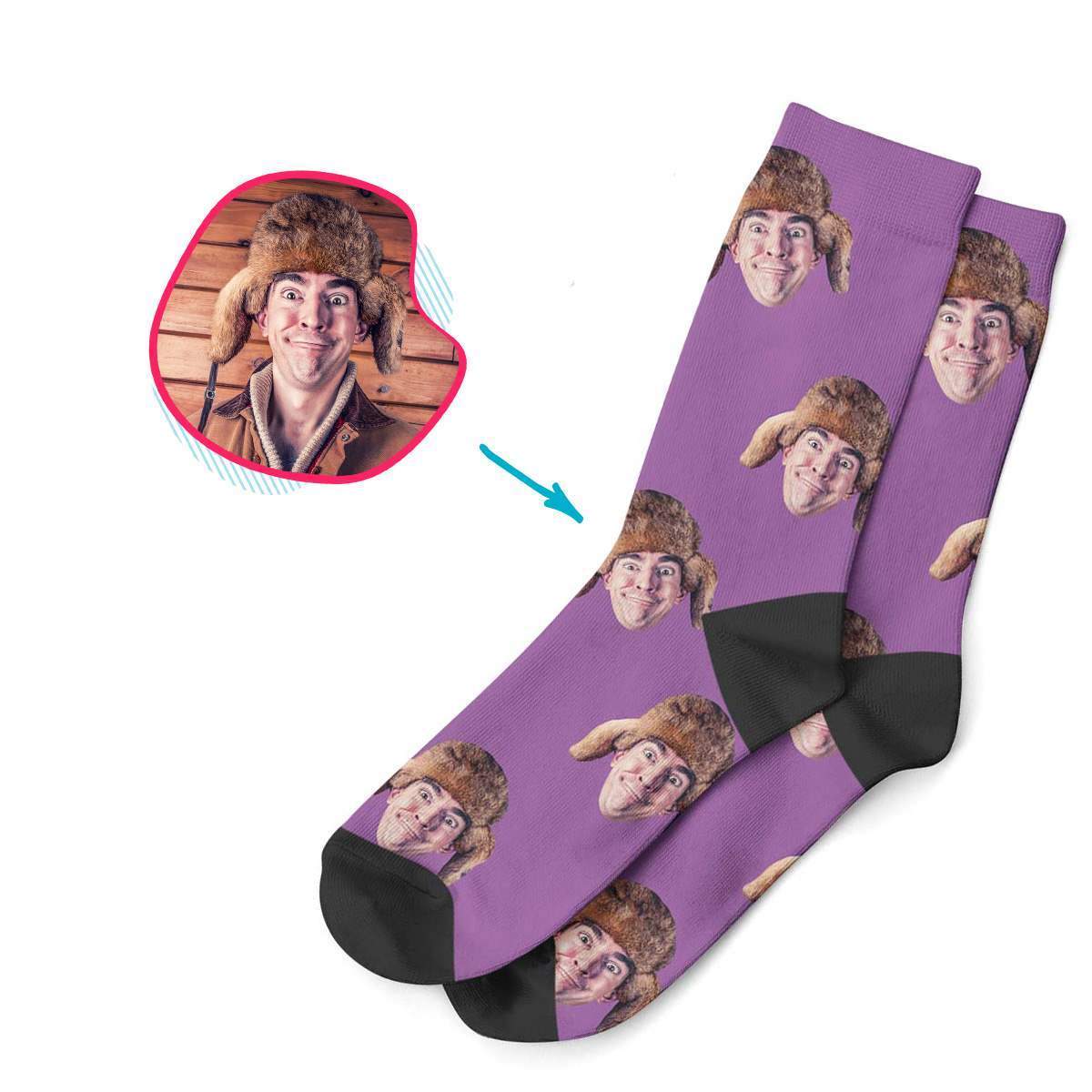 purple Blank design socks personalized with photo of face printed on them