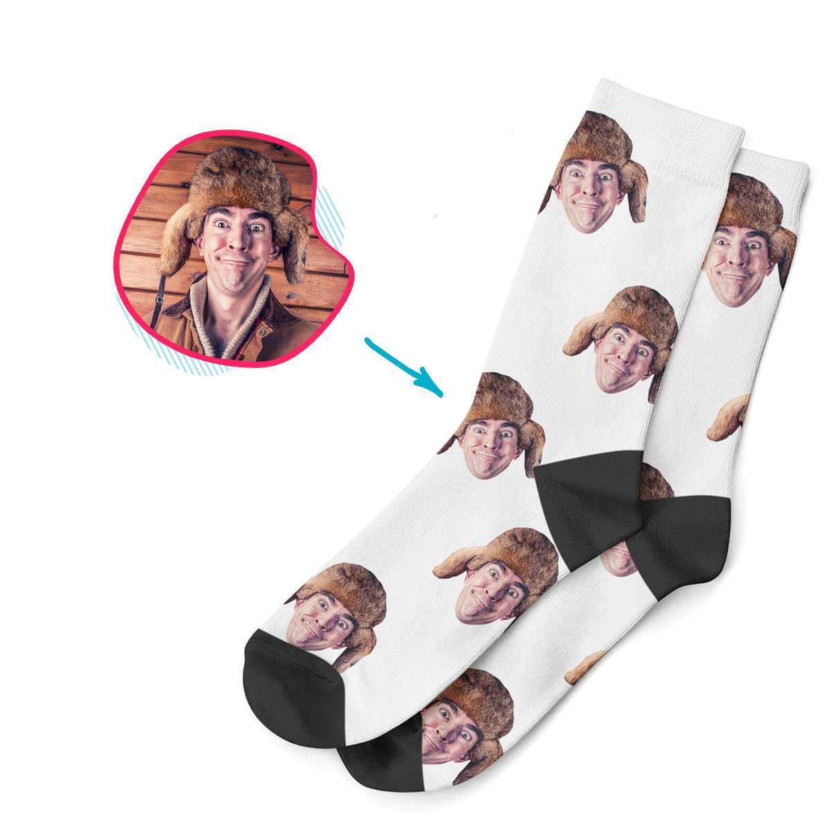 white Blank design socks personalized with photo of face printed on them