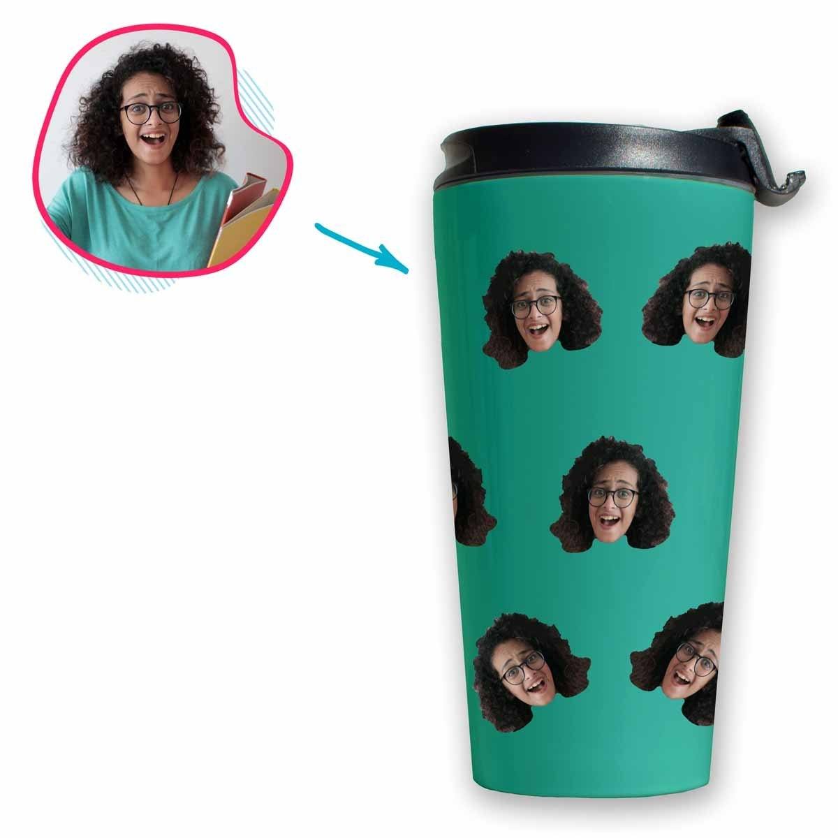 mint Blank design travel mug personalized with photo of face printed on it