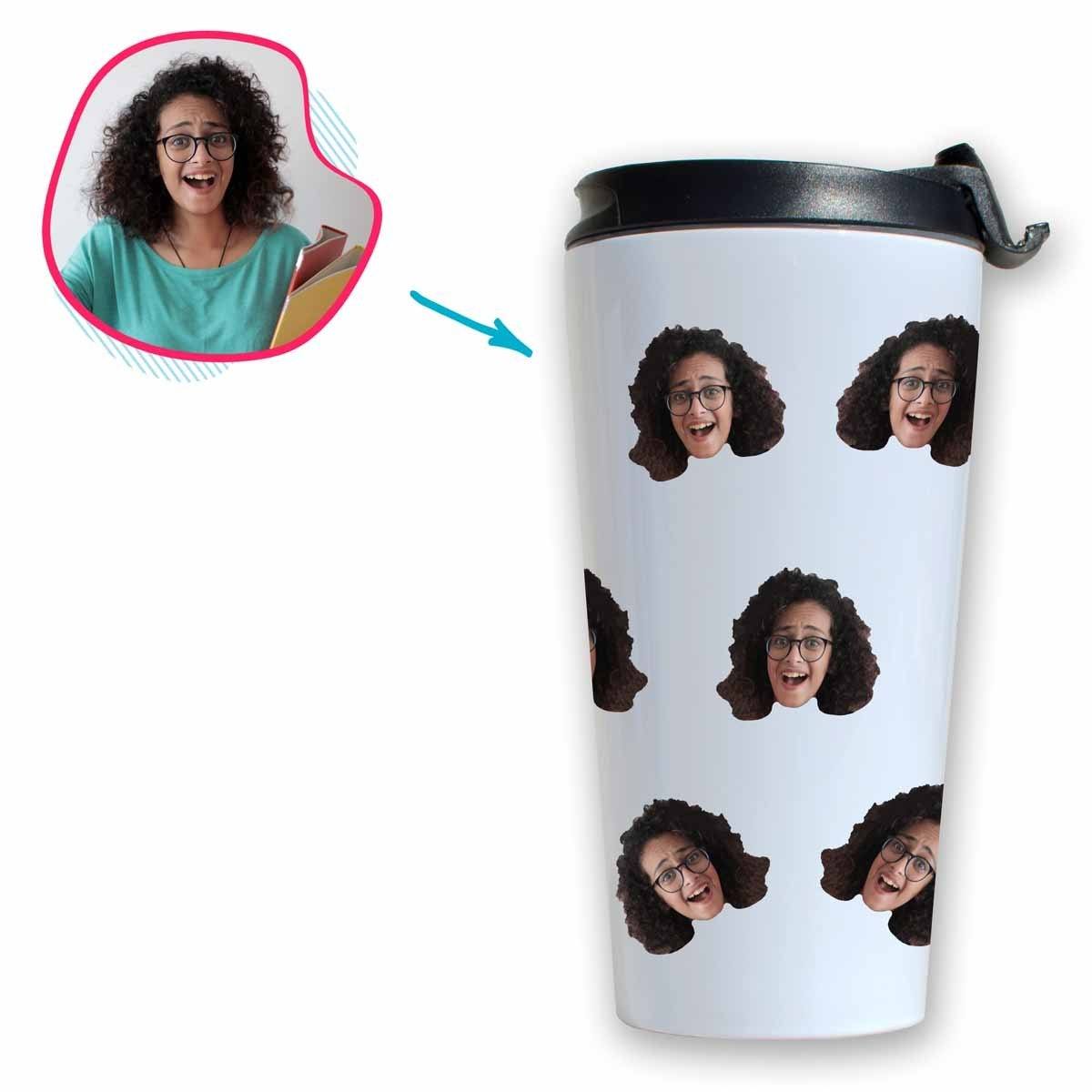 white Blank design travel mug personalized with photo of face printed on it