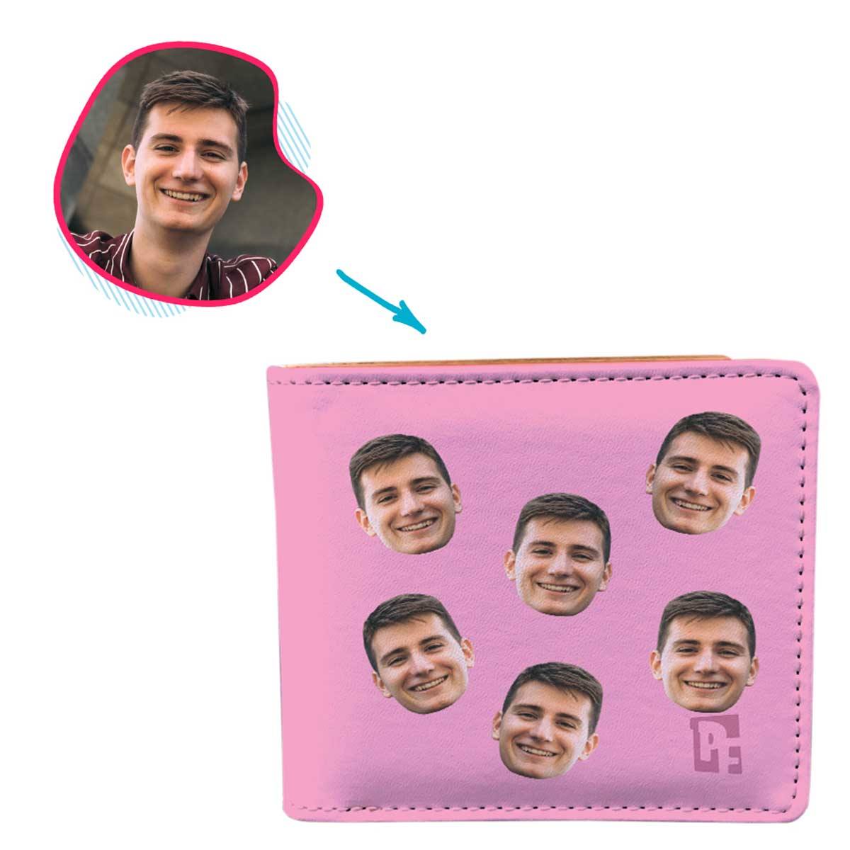 pink Blank design wallet personalized with photo of face printed on it