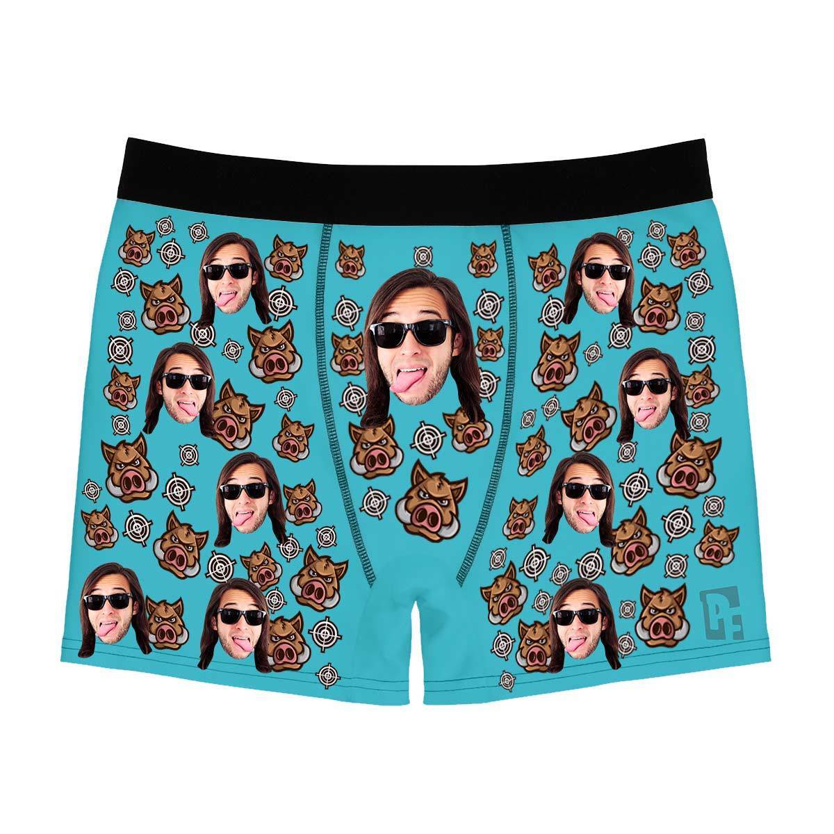 Blue Boar Hunter men's boxer briefs personalized with photo printed on them