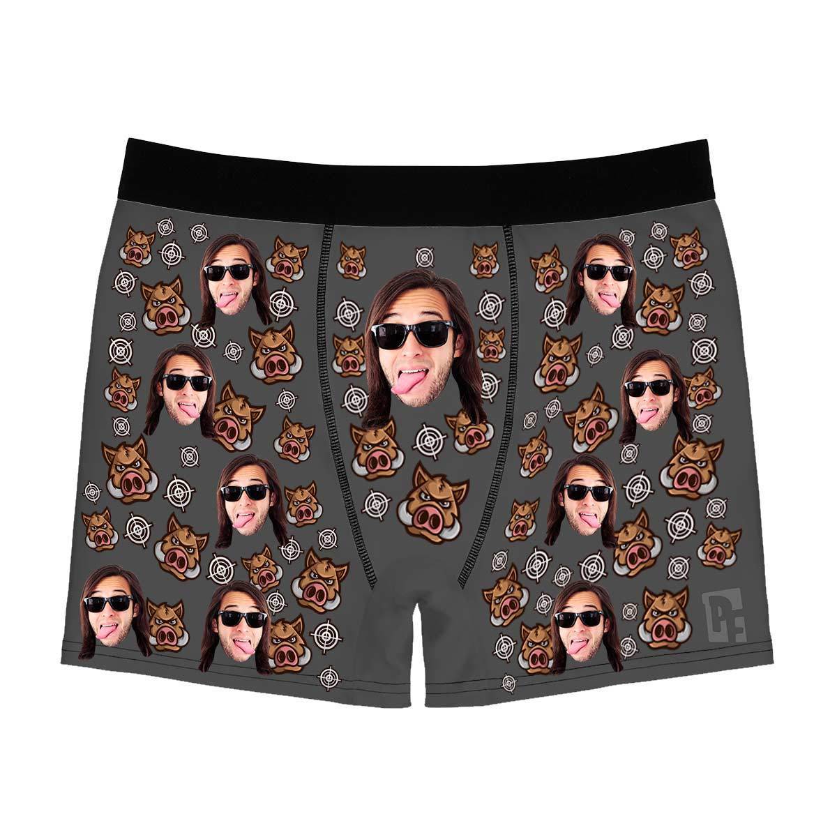Dark Boar Hunter men's boxer briefs personalized with photo printed on them