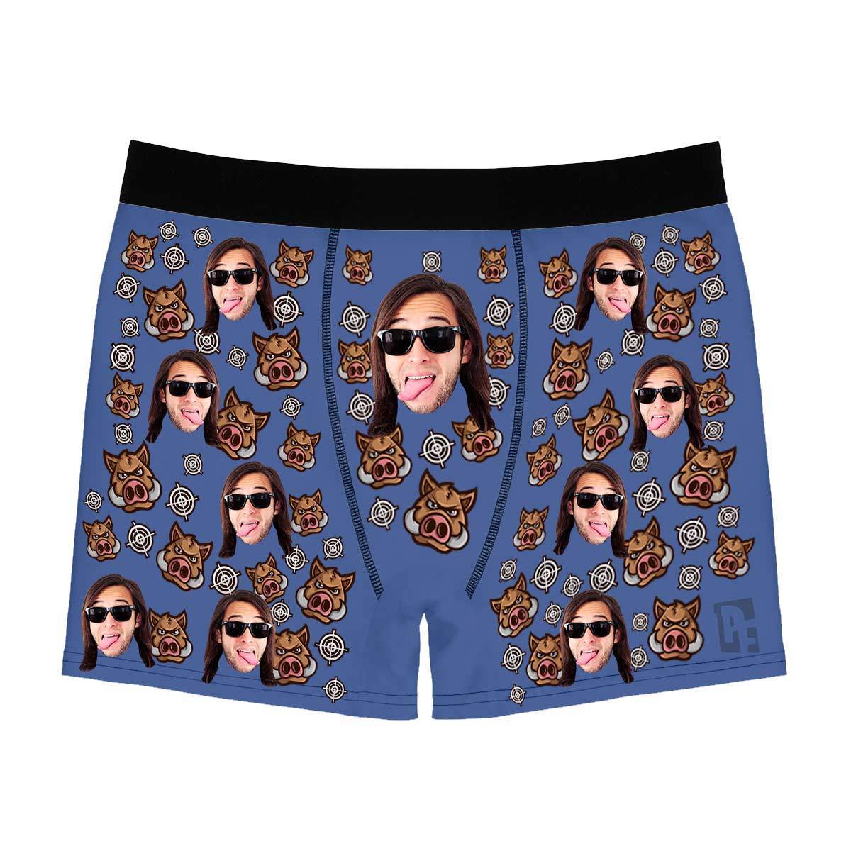 Darkblue Boar Hunter men's boxer briefs personalized with photo printed on them