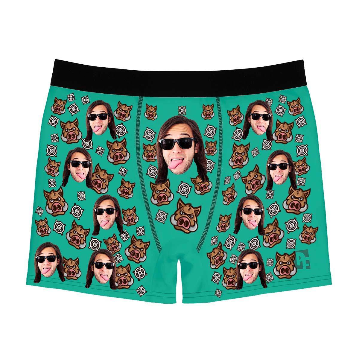 Mint Boar Hunter men's boxer briefs personalized with photo printed on them