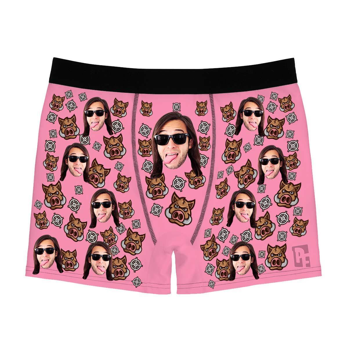 Pink Boar Hunter men's boxer briefs personalized with photo printed on them