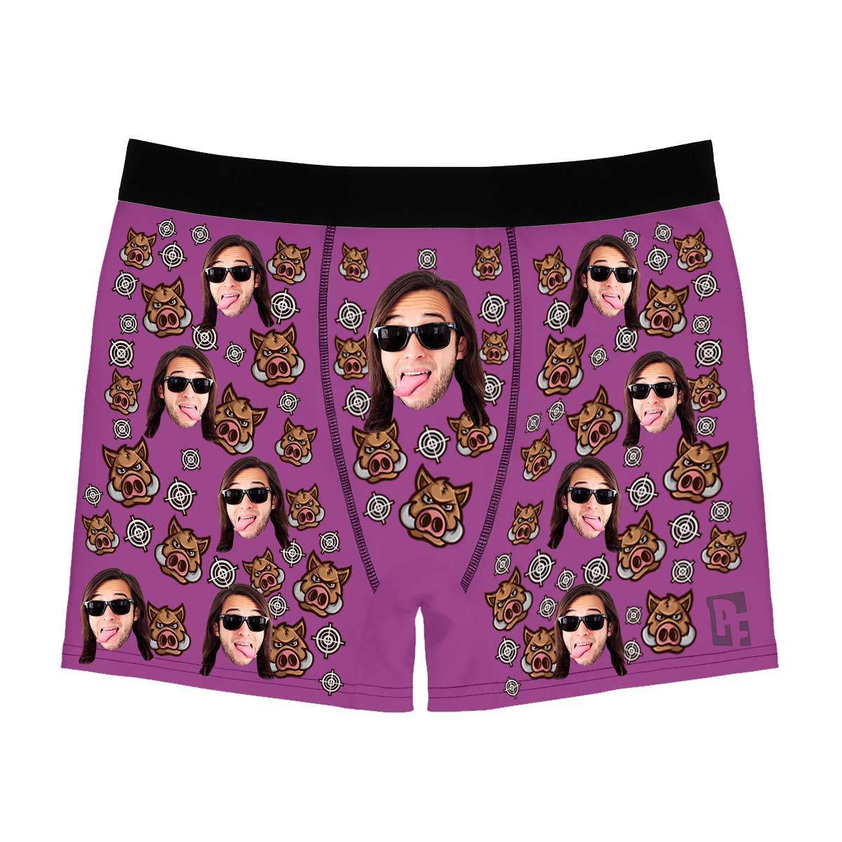Purple Boar Hunter men's boxer briefs personalized with photo printed on them