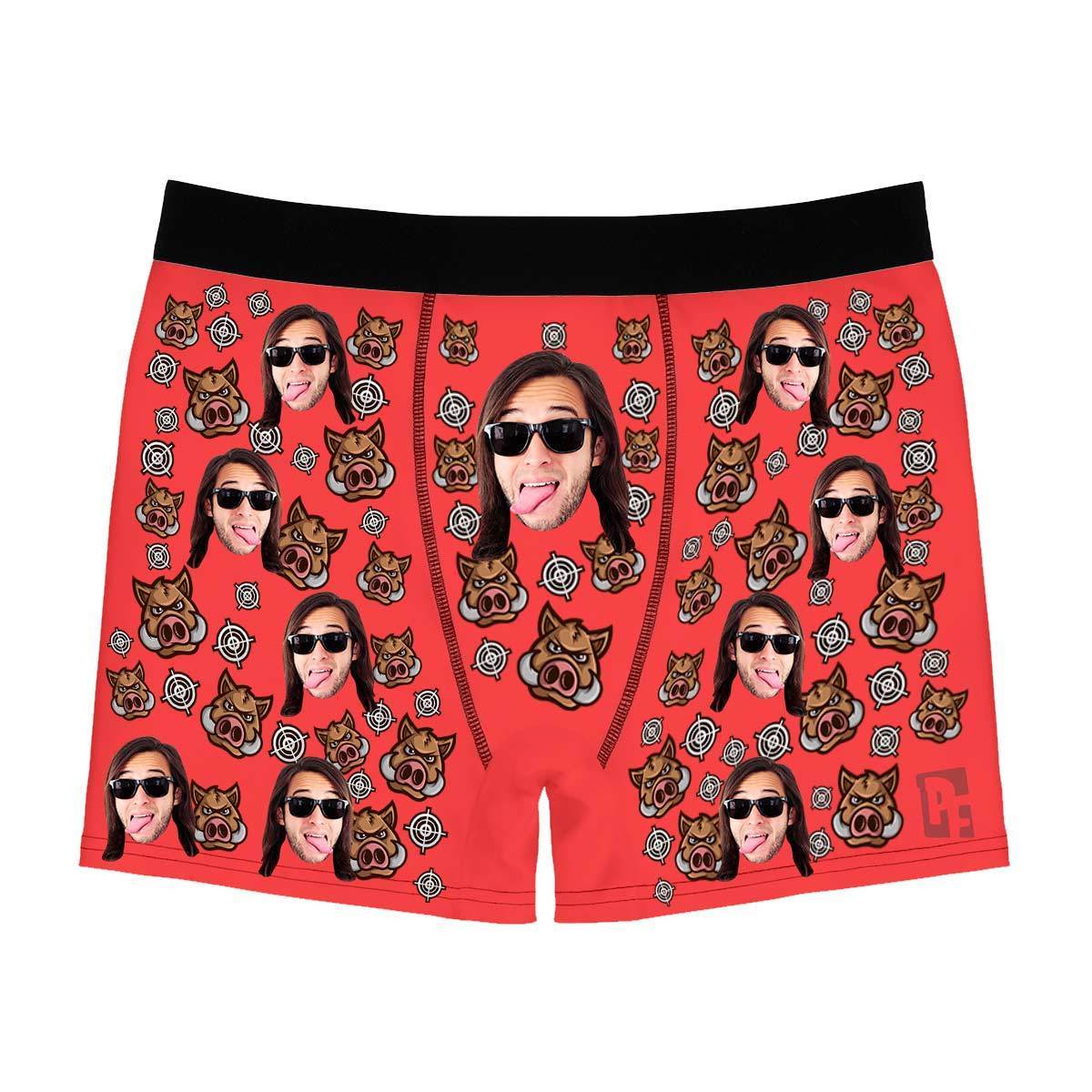 Red Boar Hunter men's boxer briefs personalized with photo printed on them
