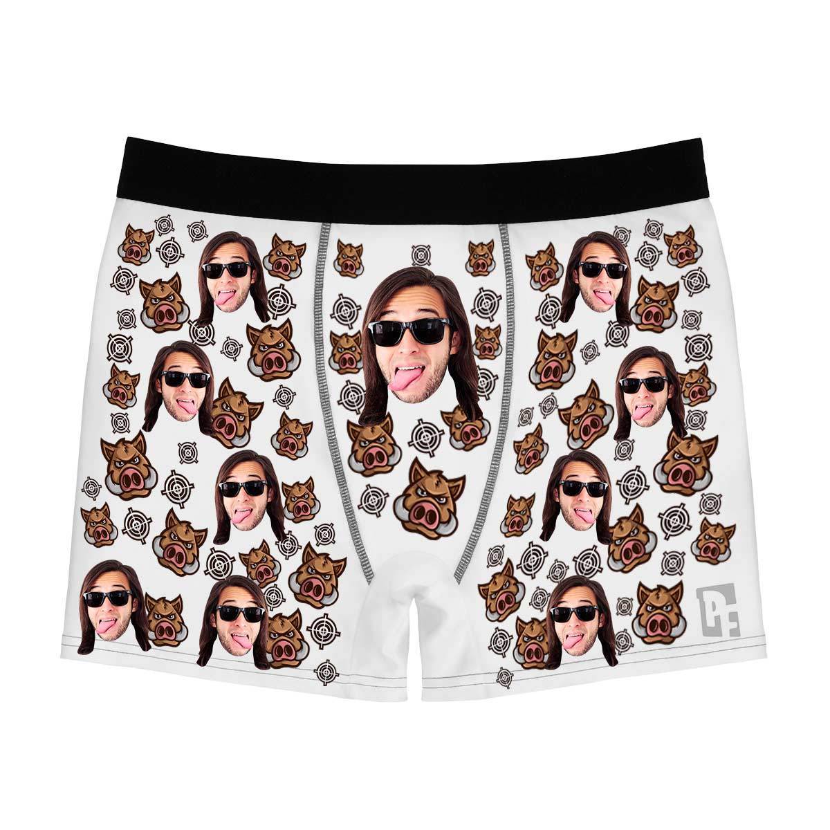 White Boar Hunter men's boxer briefs personalized with photo printed on them