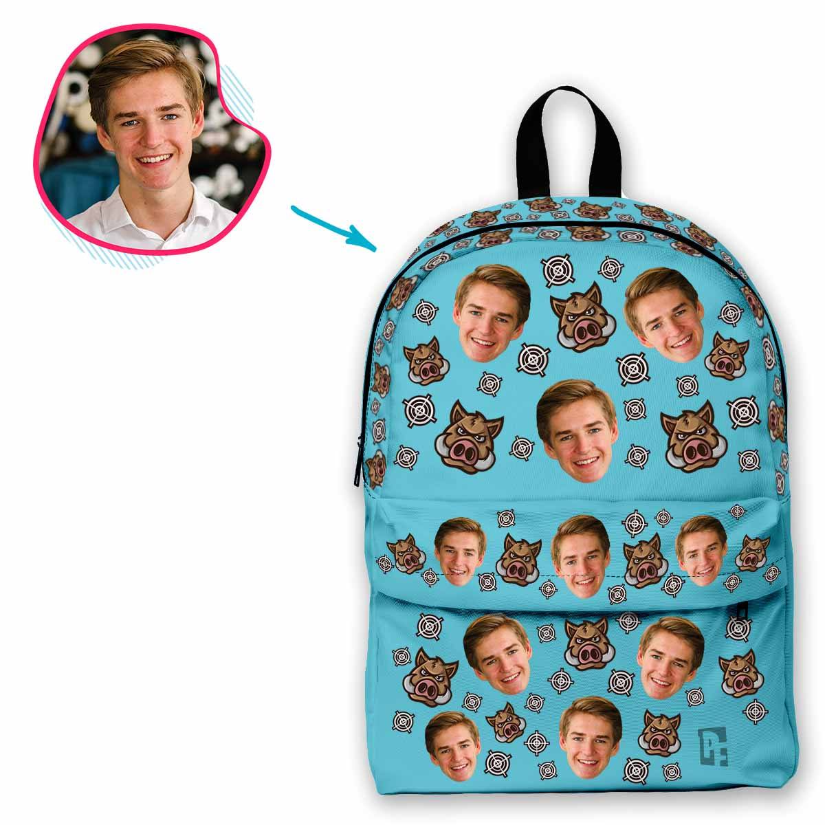 blue Boar Hunter classic backpack personalized with photo of face printed on it
