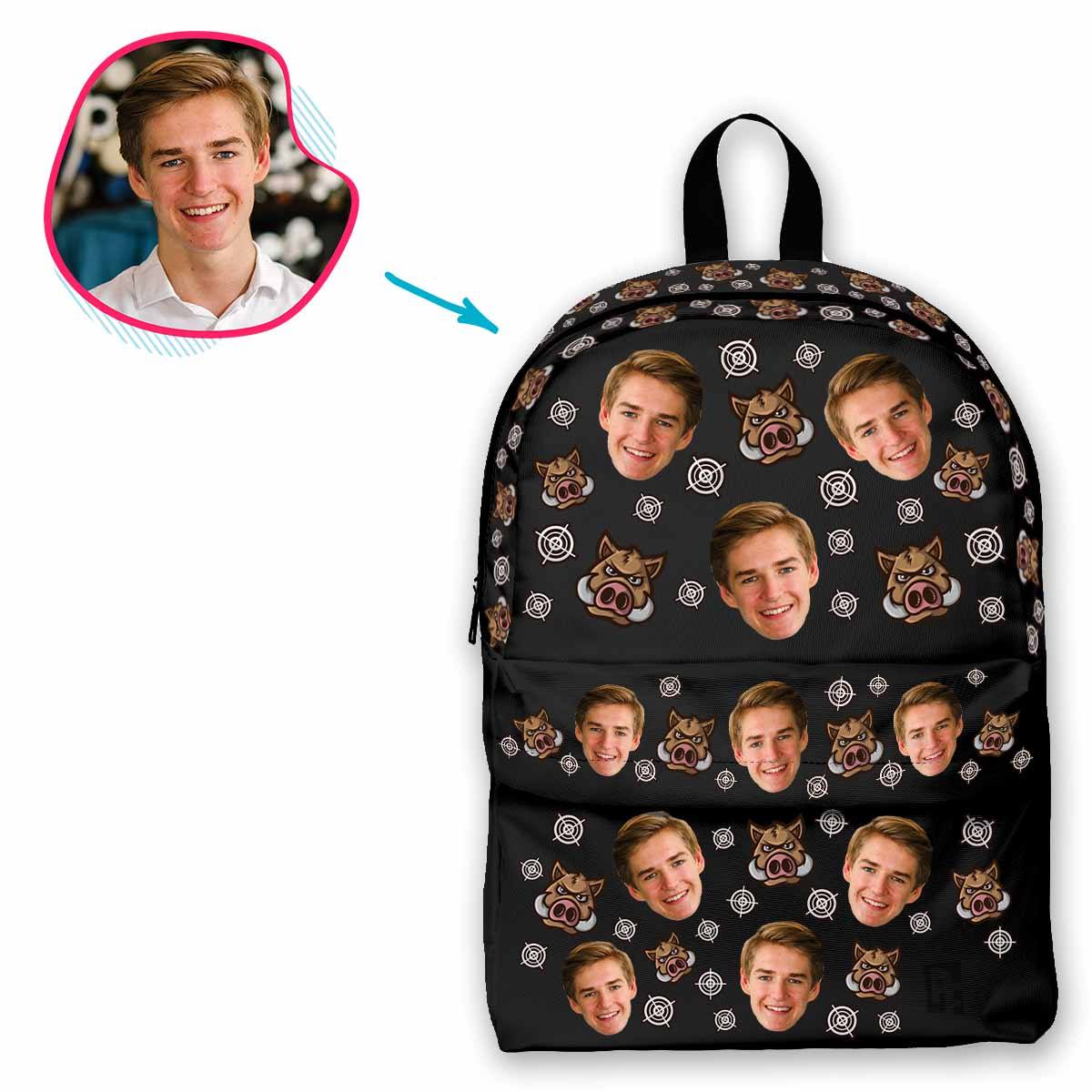 dark Boar Hunter classic backpack personalized with photo of face printed on it