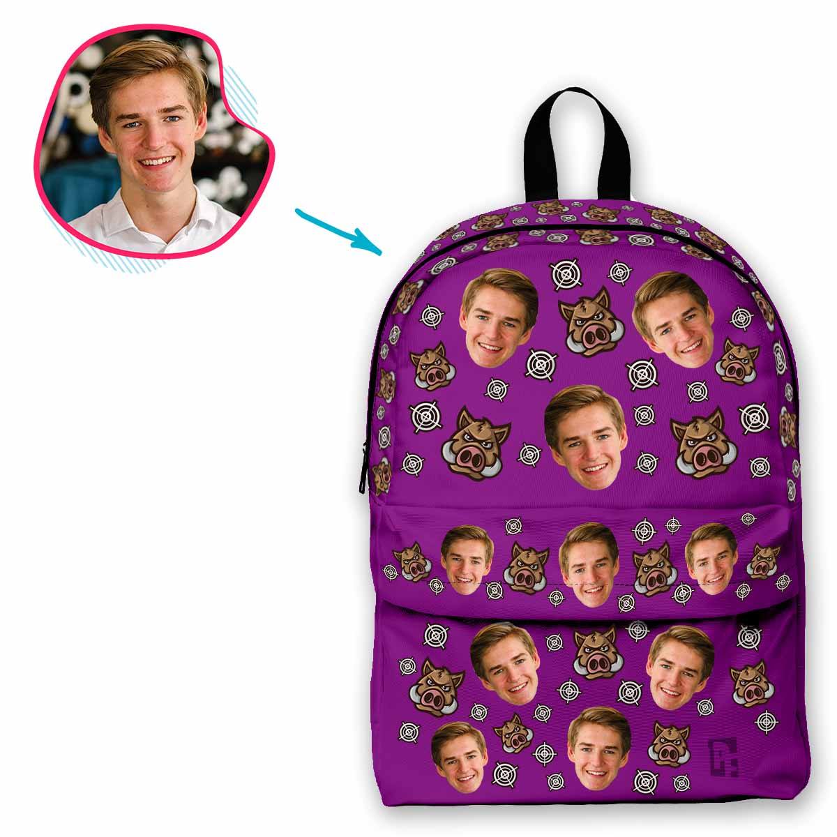 purple Boar Hunter classic backpack personalized with photo of face printed on it