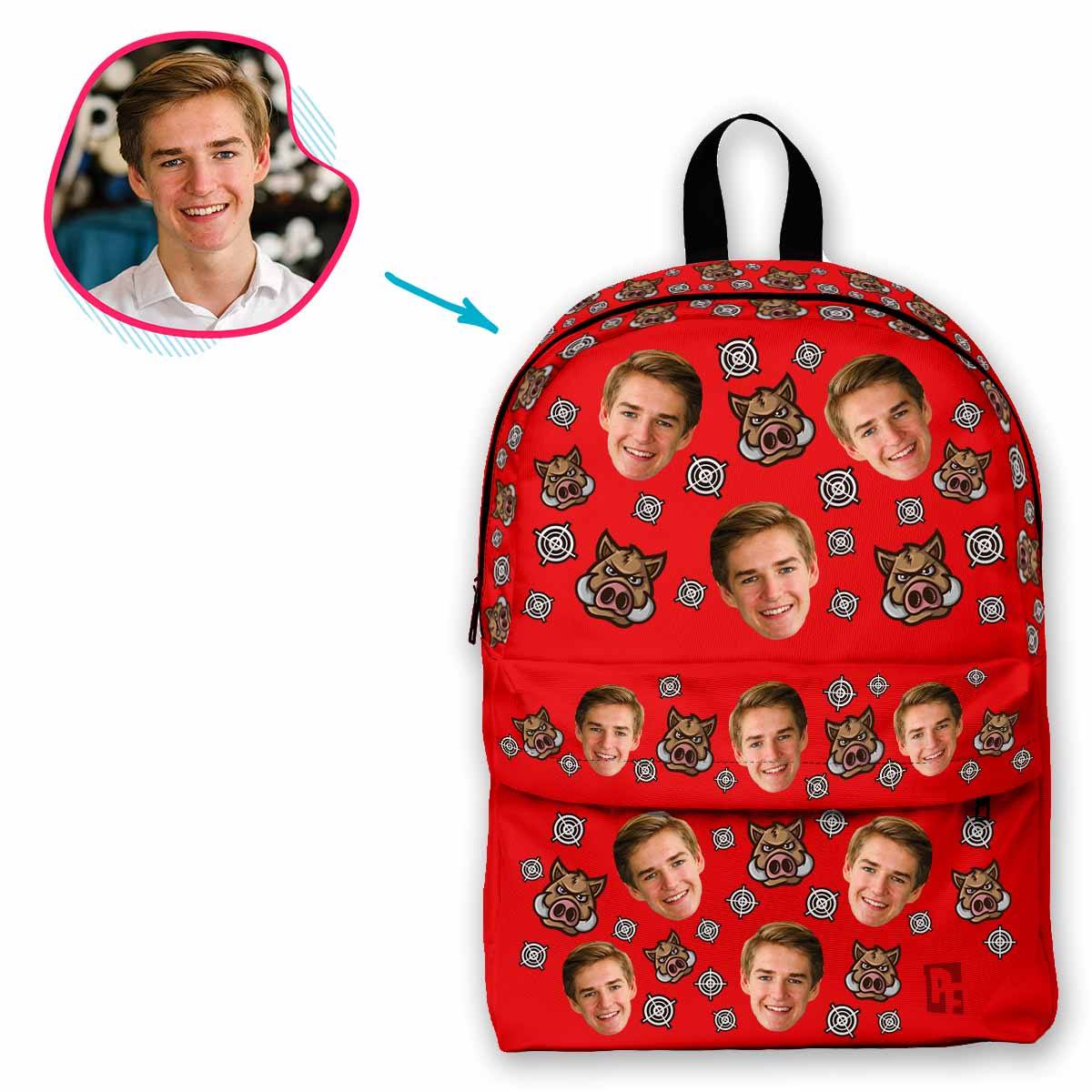 red Boar Hunter classic backpack personalized with photo of face printed on it