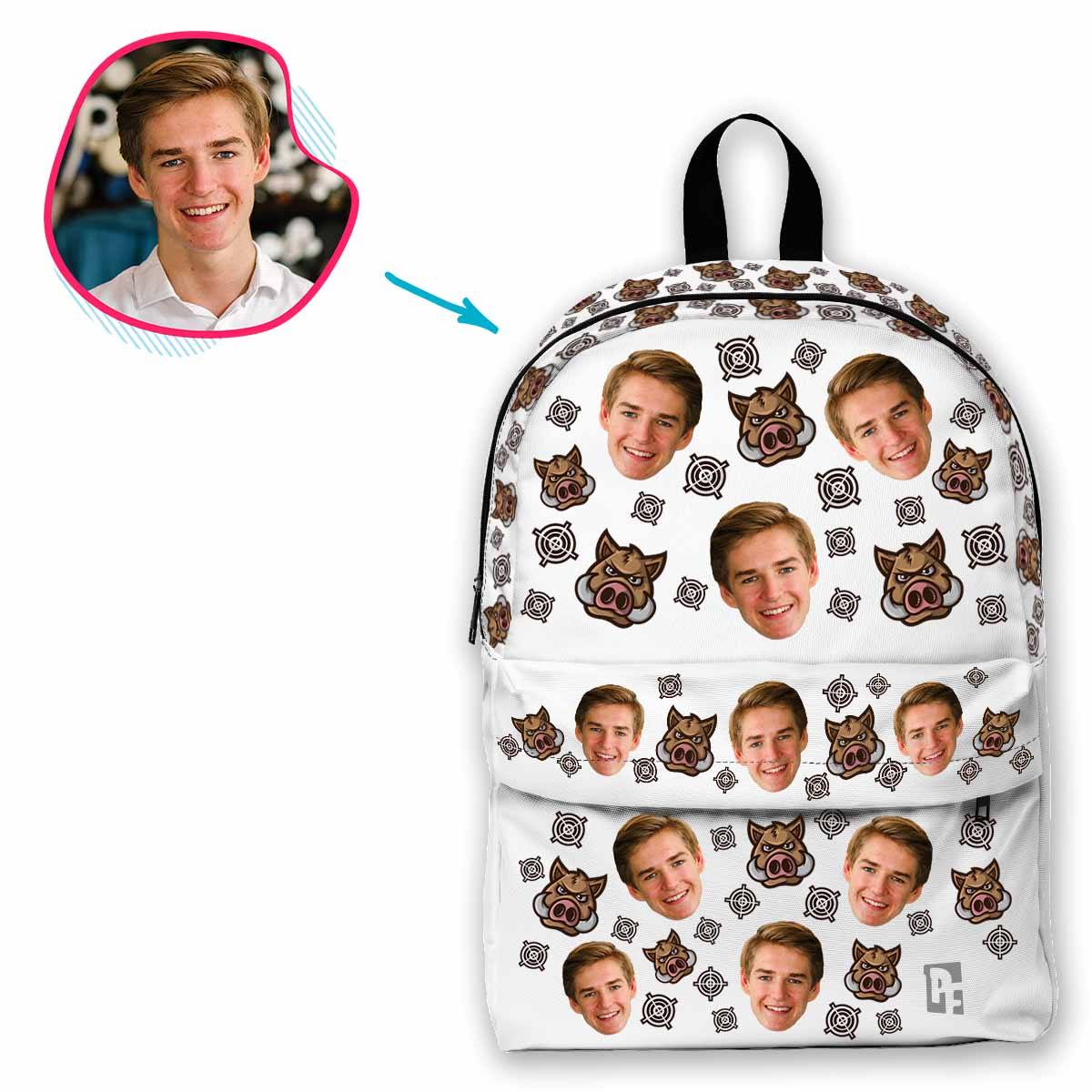 white Boar Hunter classic backpack personalized with photo of face printed on it