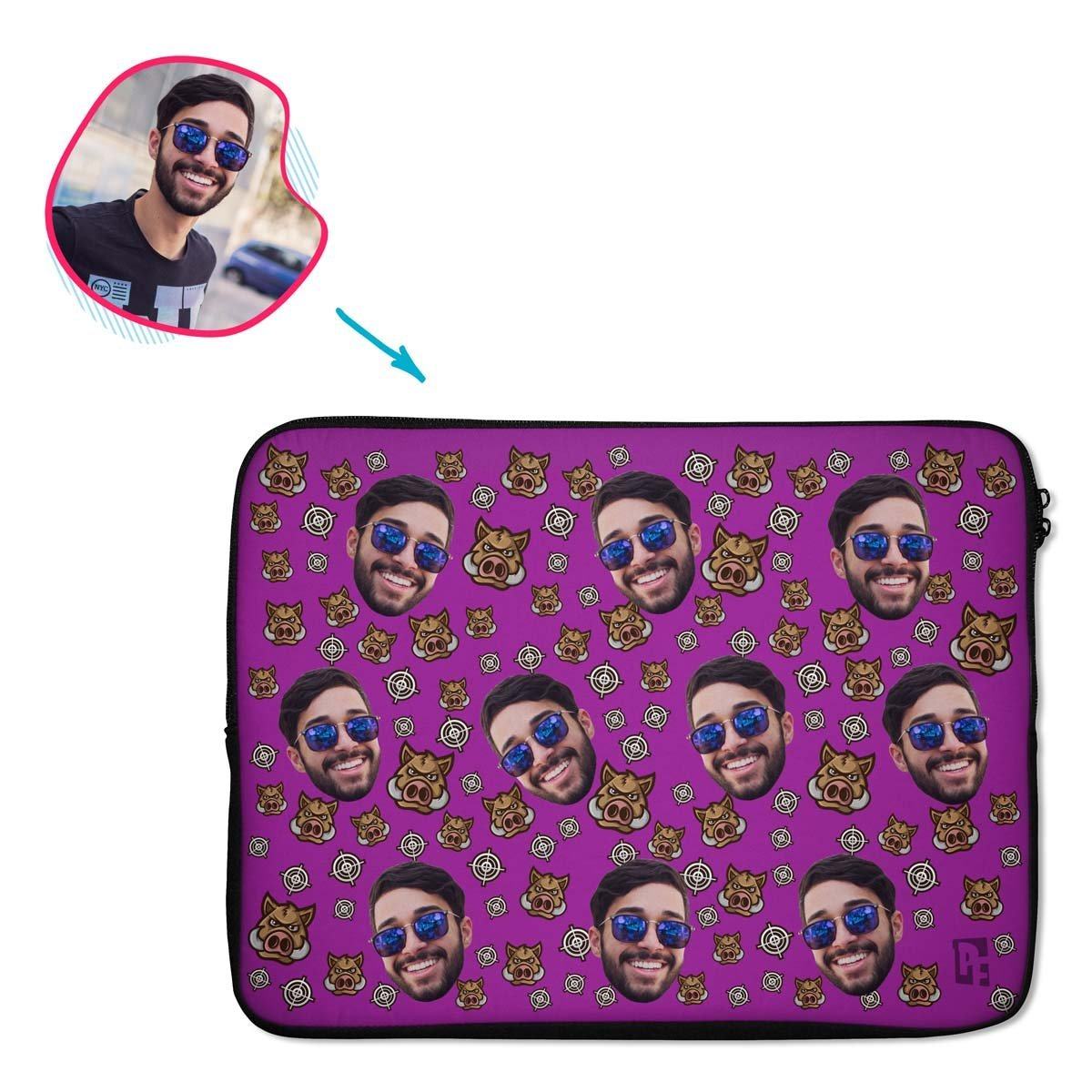purple Boar Hunter laptop sleeve personalized with photo of face printed on them