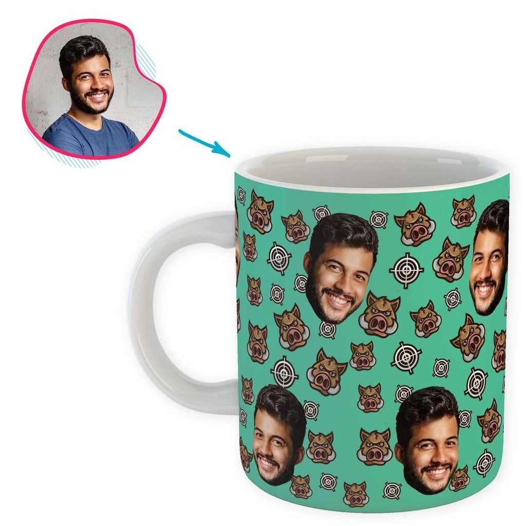 mint Boar Hunter mug personalized with photo of face printed on it