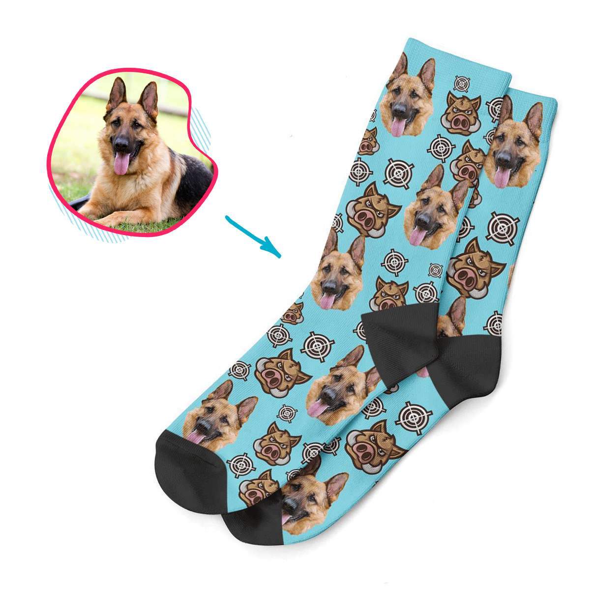 blue Boar Hunter socks personalized with photo of face printed on them