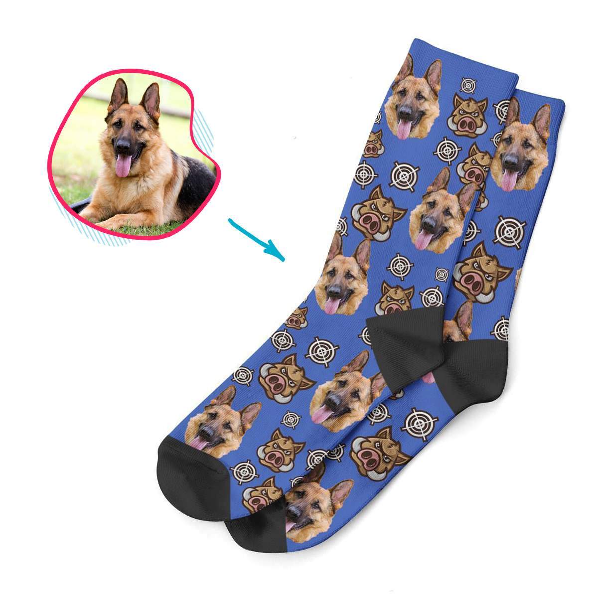 darkblue Boar Hunter socks personalized with photo of face printed on them