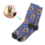 Load image into Gallery viewer, darkblue Boar Hunter socks personalized with photo of face printed on them

