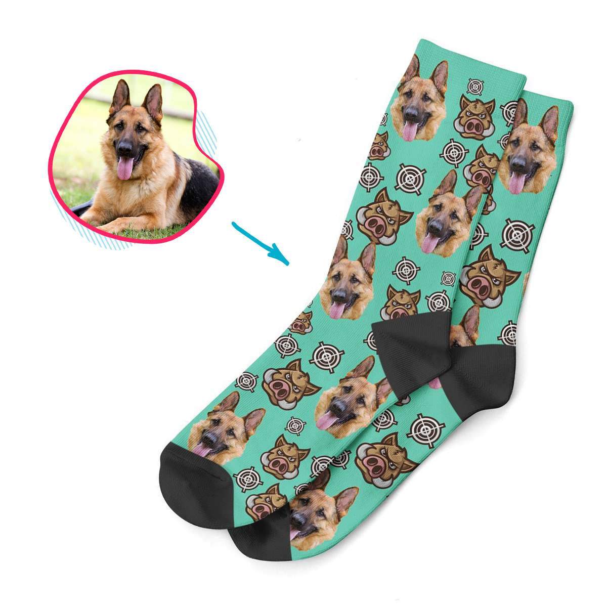 mint Boar Hunter socks personalized with photo of face printed on them