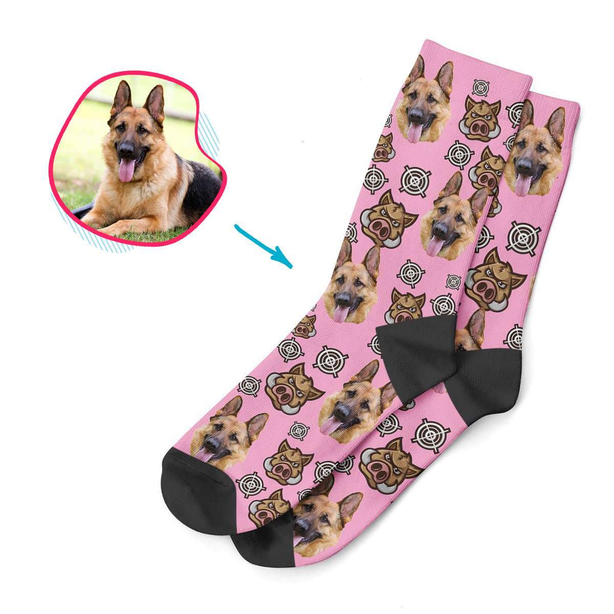 purple Boar Hunter socks personalized with photo of face printed on them