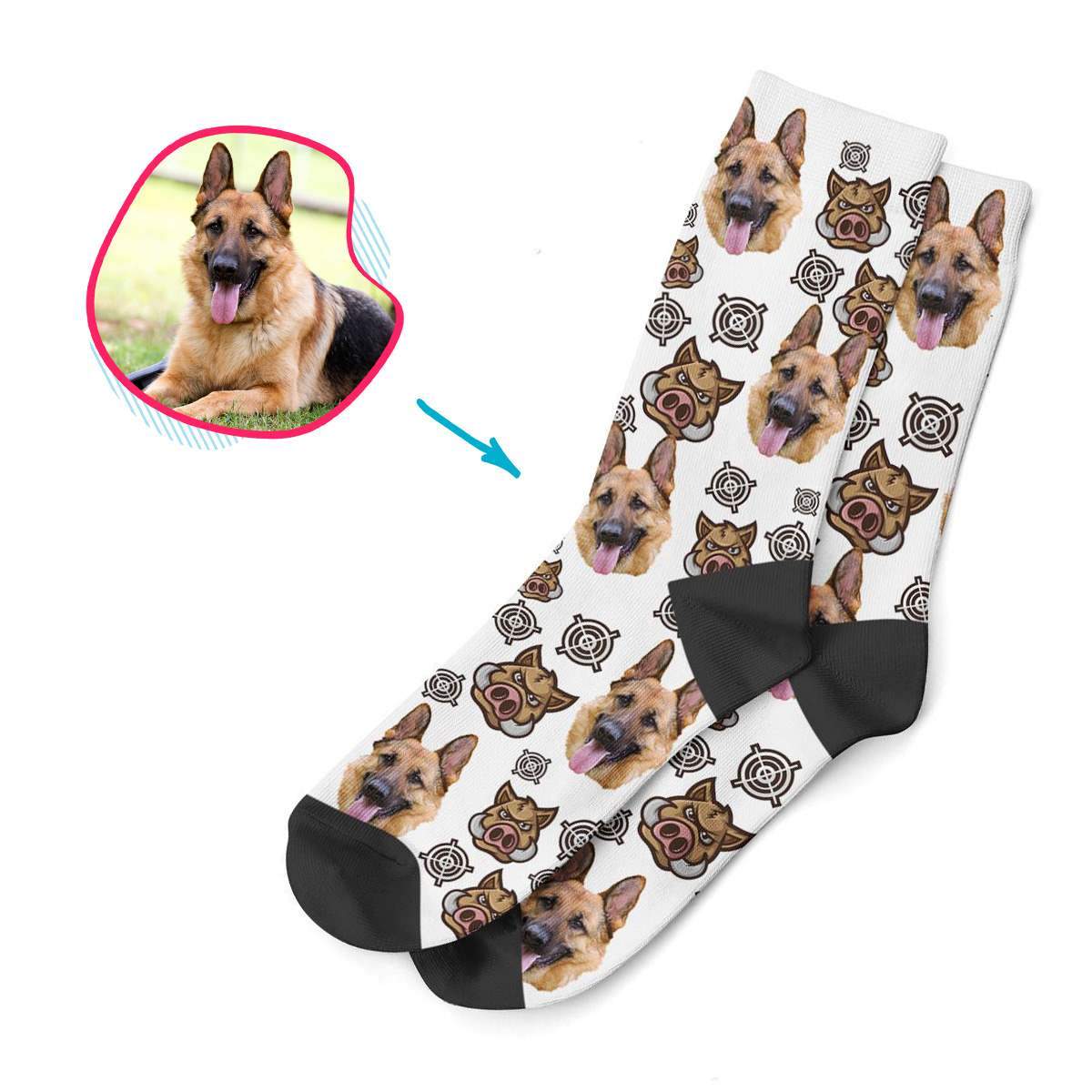 pink Boar Hunter socks personalized with photo of face printed on them