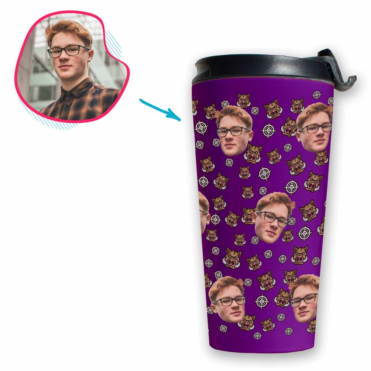 purple Boar Hunter travel mug personalized with photo of face printed on it
