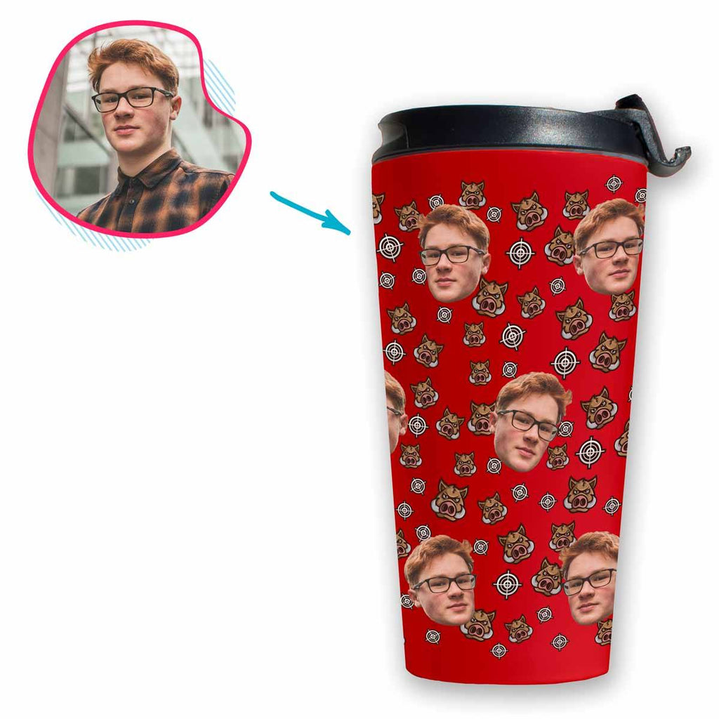 red Boar Hunter travel mug personalized with photo of face printed on it