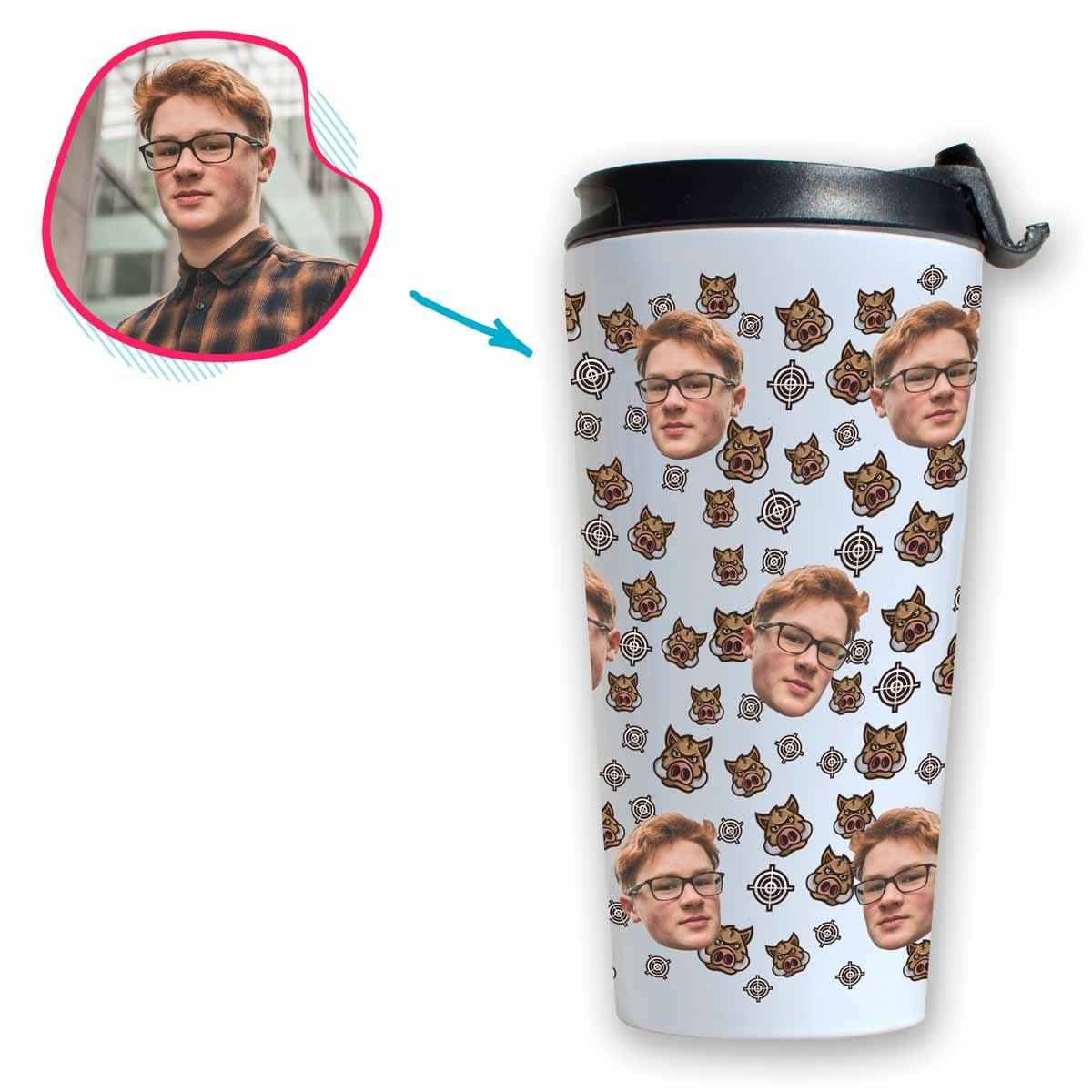 white Boar Hunter travel mug personalized with photo of face printed on it
