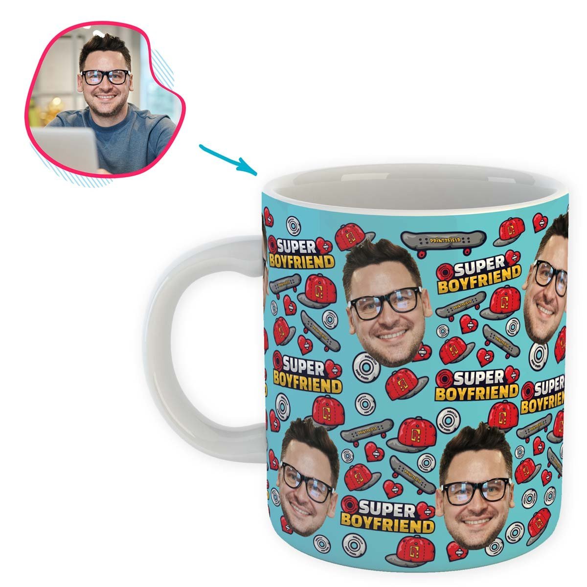 Blue Boyfriend personalized mug with photo of face printed on it