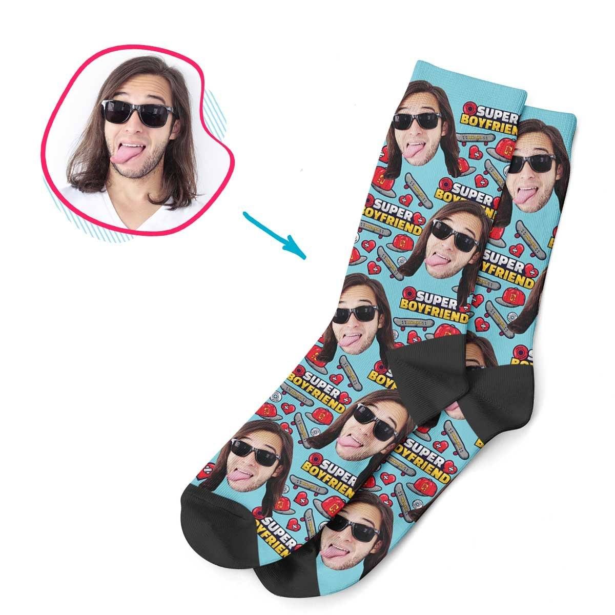 Blue Boyfriend personalized socks with photo of face printed on them