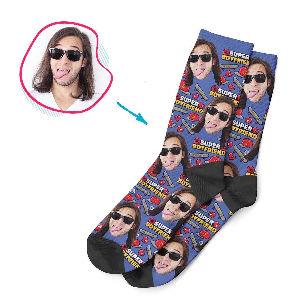 Darkblue Boyfriend personalized socks with photo of face printed on them