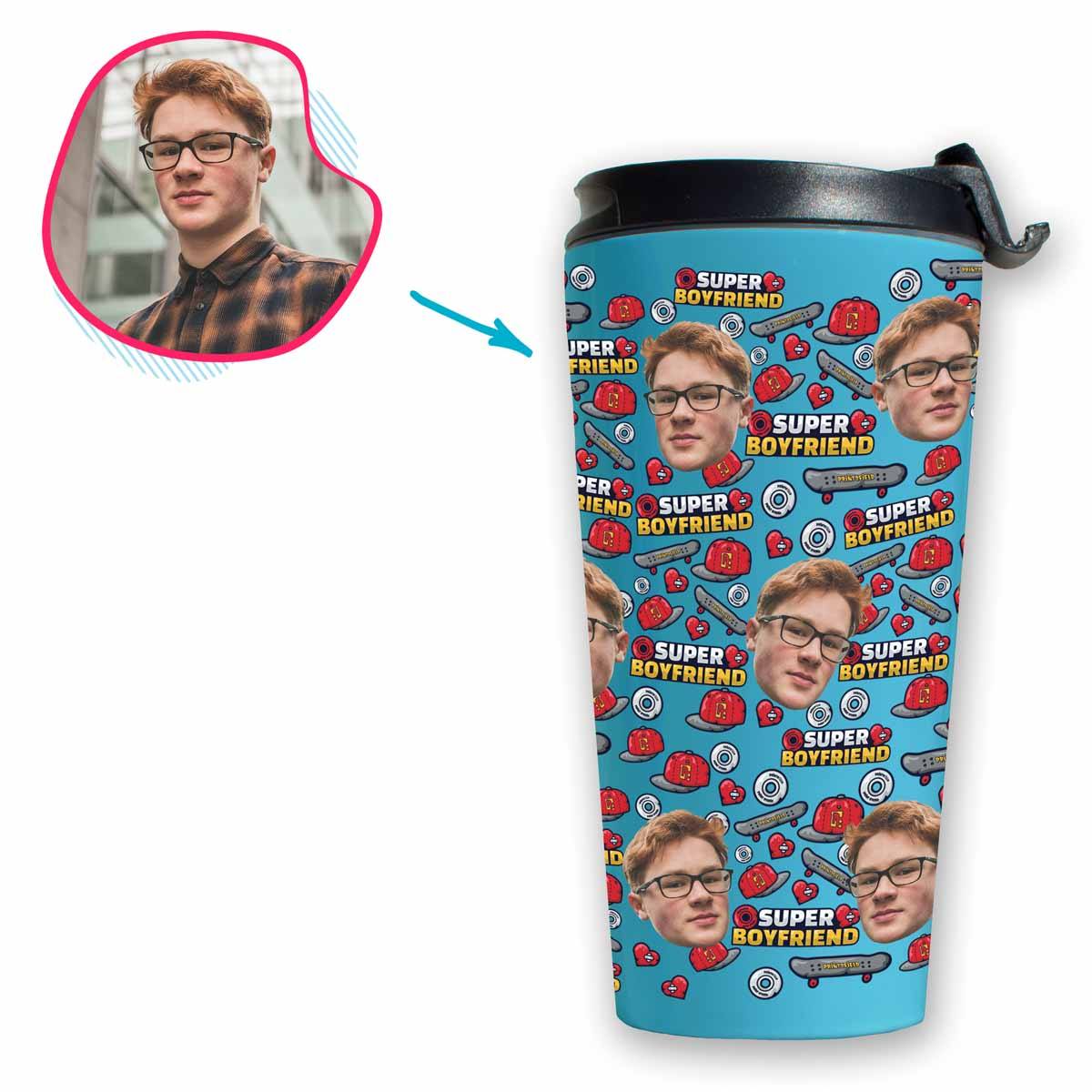 Blue Boyfriend personalized travel mug with photo of face printed on it