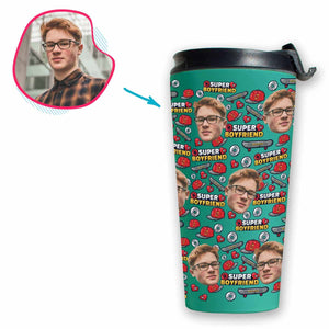 Mint Boyfriend personalized travel mug with photo of face printed on it