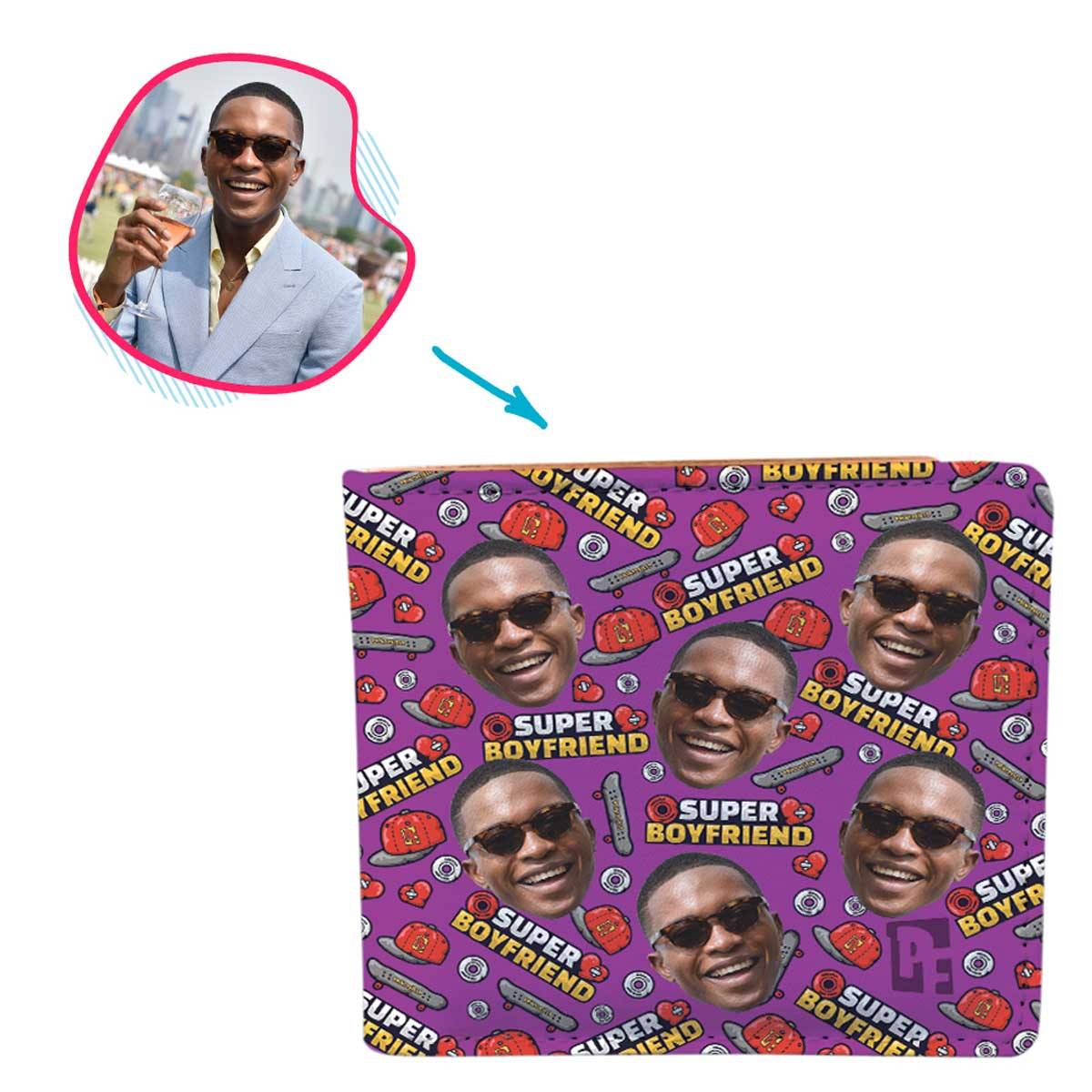 Purple Boyfriend personalized wallet with photo of face printed on it