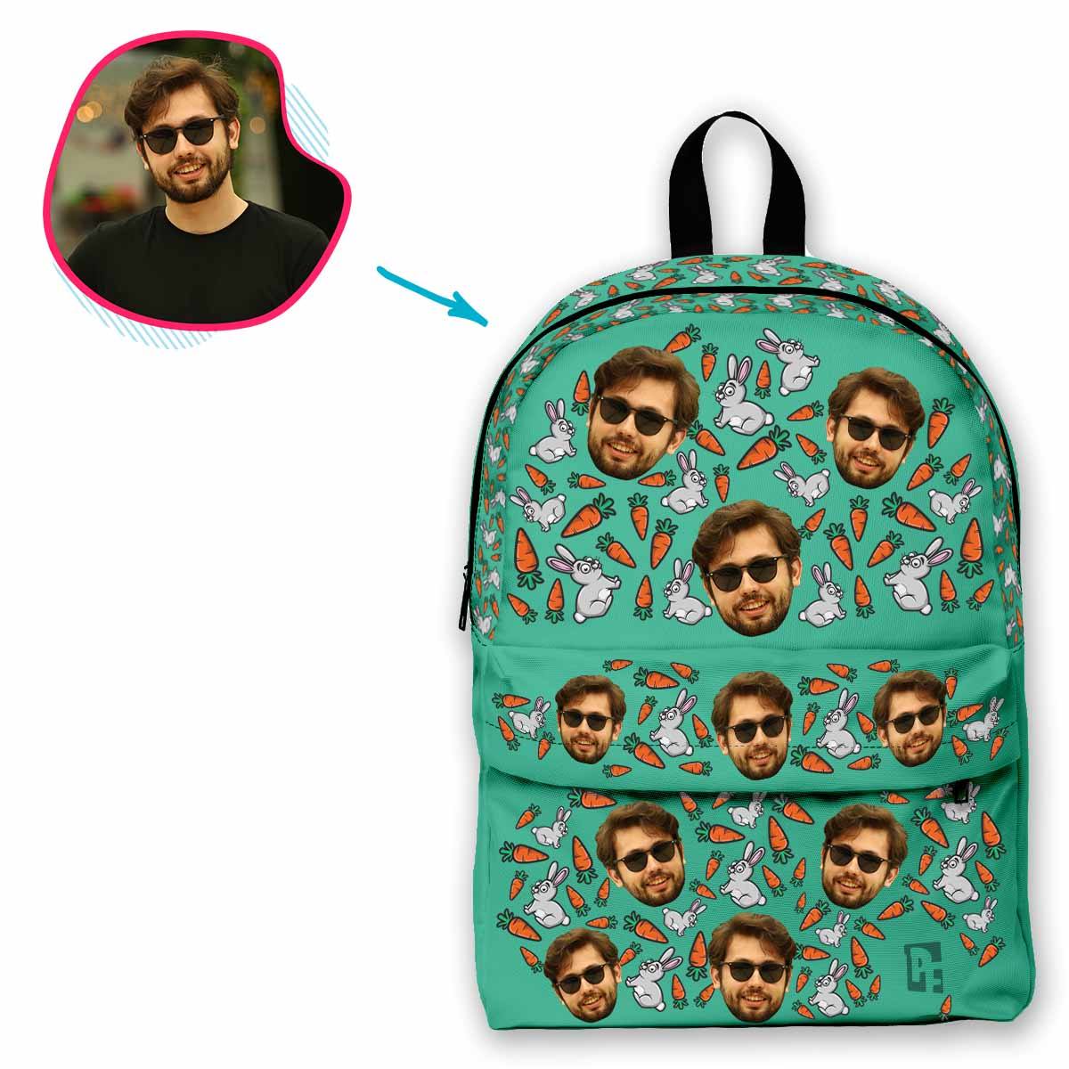 mint Bunny classic backpack personalized with photo of face printed on it